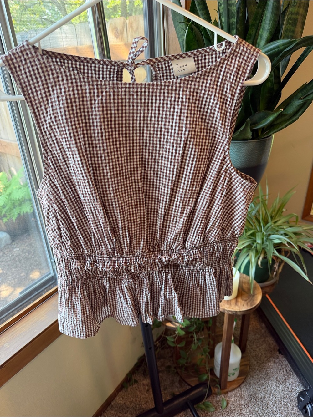 a new day Brown Gingham Smocked Waist Tie-Back Tank